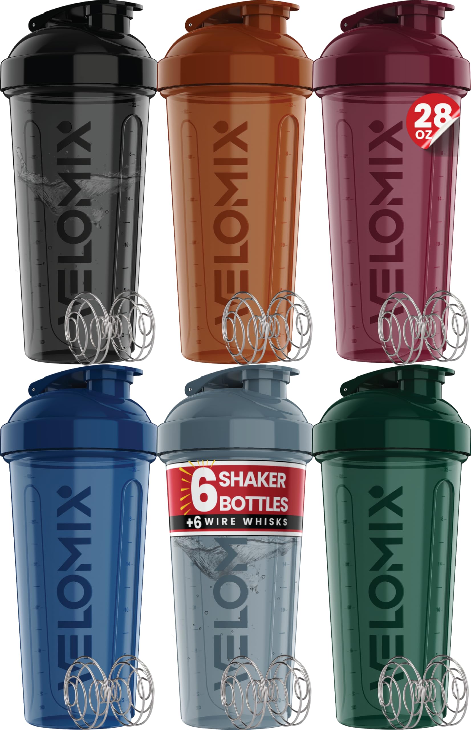 VELOMIX pack de seis botellas frontales mostrando colores y tapa hermética