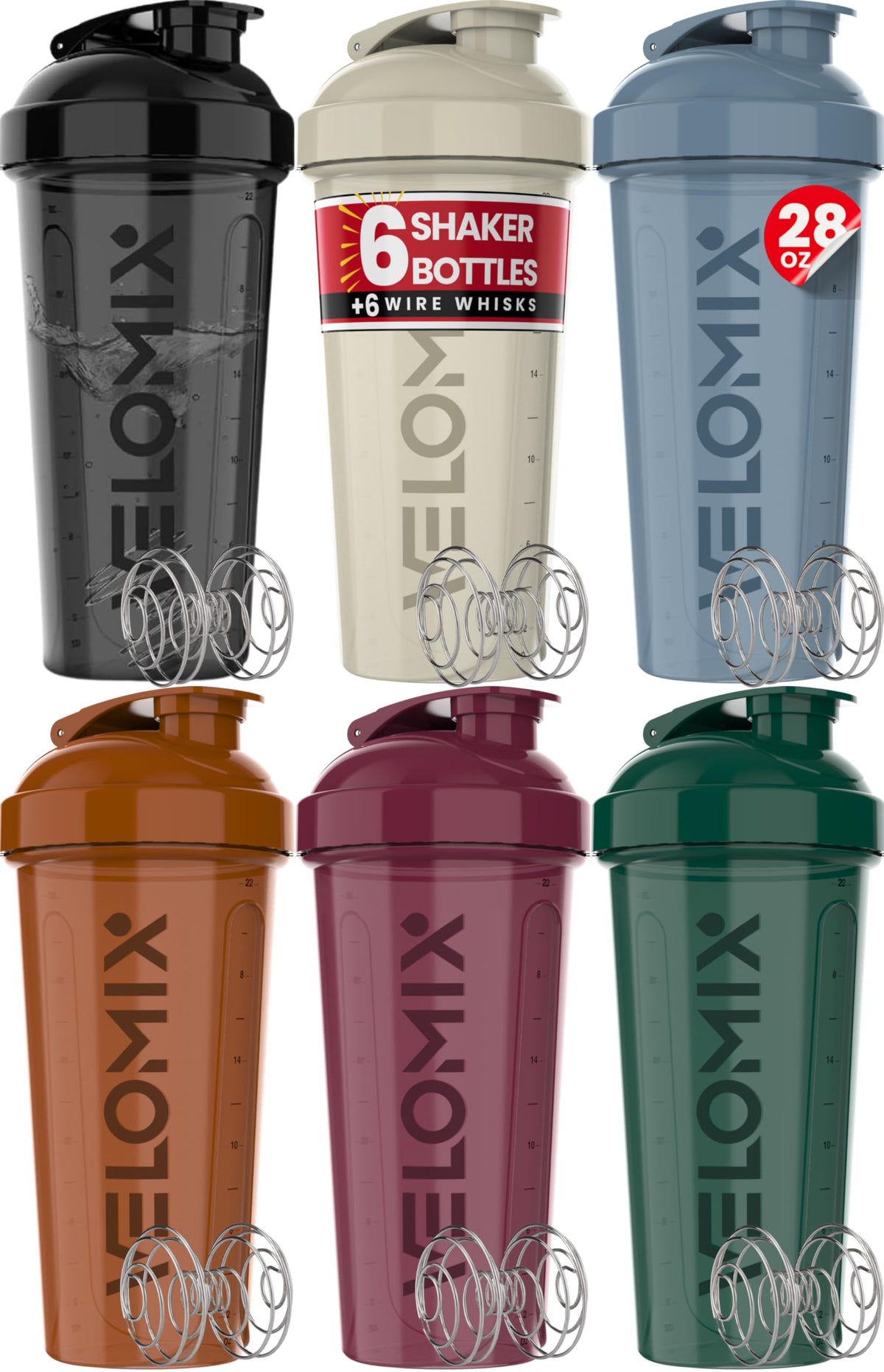 VELOMIX pack de seis botellas 28 oz mostrando colores y tamaño, solución práctica