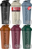 VELOMIX pack de seis botellas 28 oz mostrando colores y tamaño, solución práctica