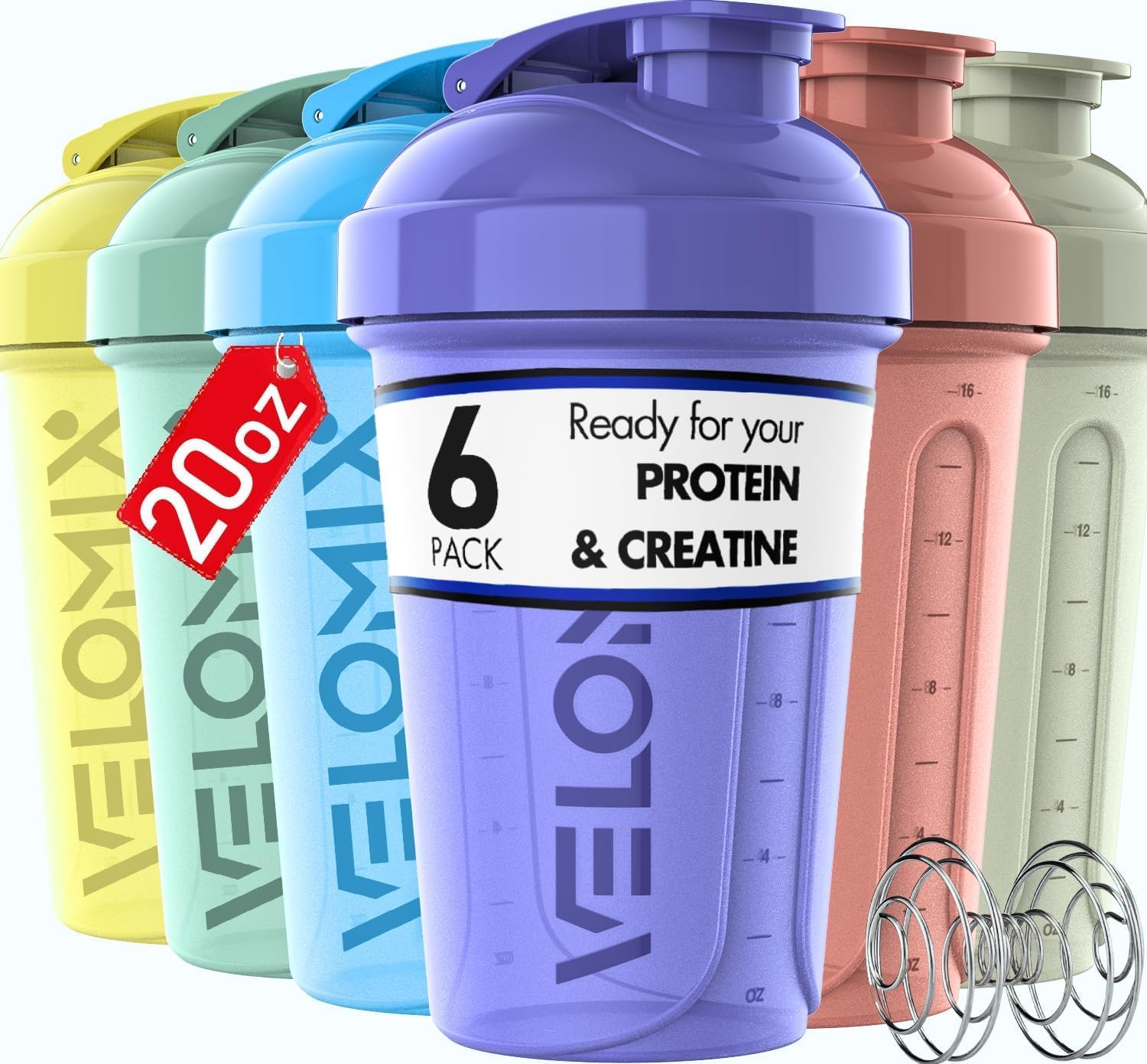 VELOMIX pack frontal pastel mostrando seis botellas, ideal para organización semanal
