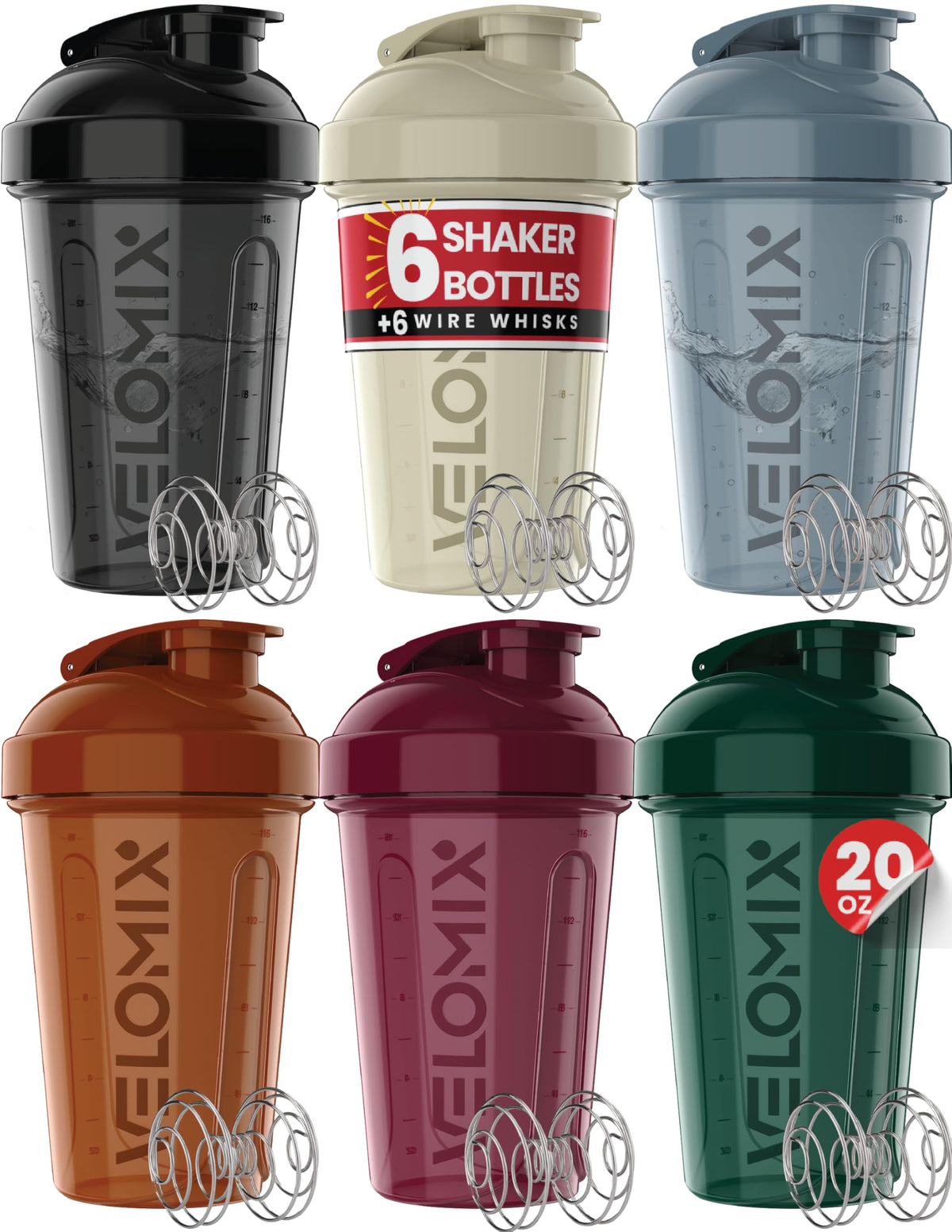 VELOMIX vista frontal del set de seis shakers, práctico para llevar