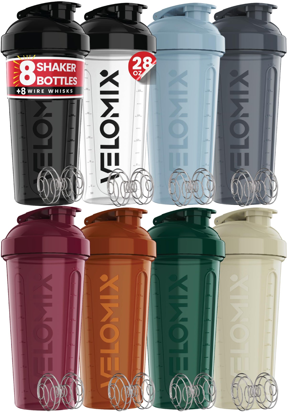 VELOMIX frontal de la botella negra mostrando diseño y capacidad
