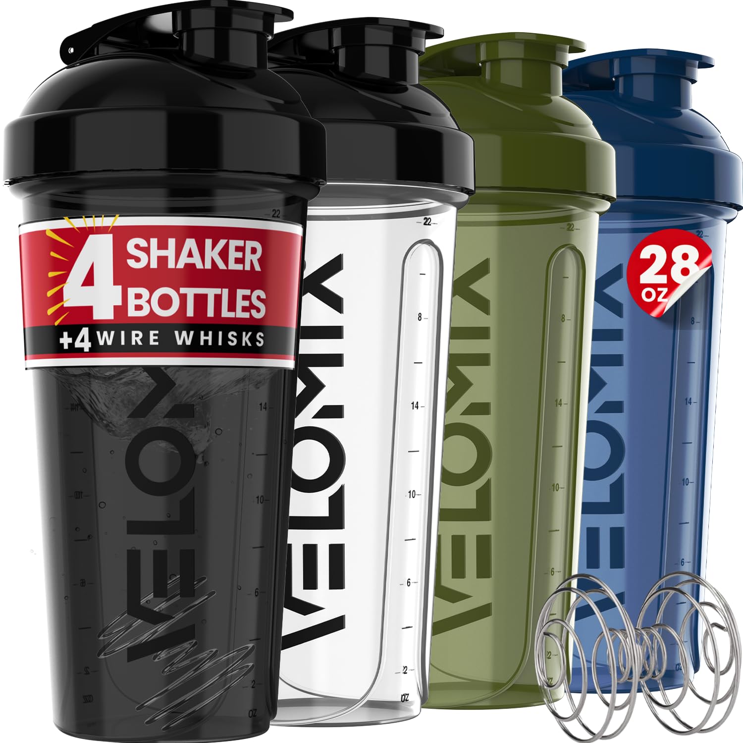 VELOMIX vista frontal del pack de cuatro shakers, ideal para transportar