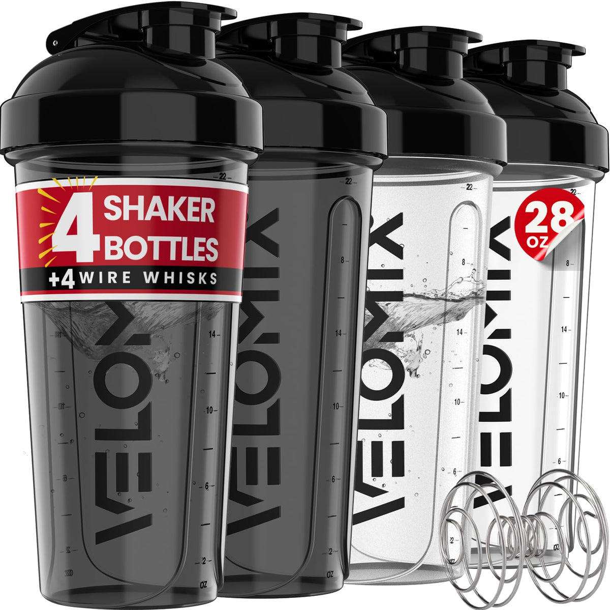 VELOMIX vista frontal del pack de cuatro shakers, ideal para portar suplementos