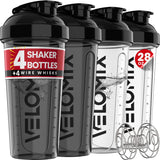 VELOMIX vista frontal del pack de cuatro shakers, ideal para portar suplementos