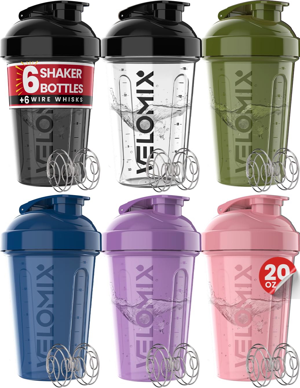 VELOMIX pack de seis botellas frontales mostrando diseño y colores funcionales