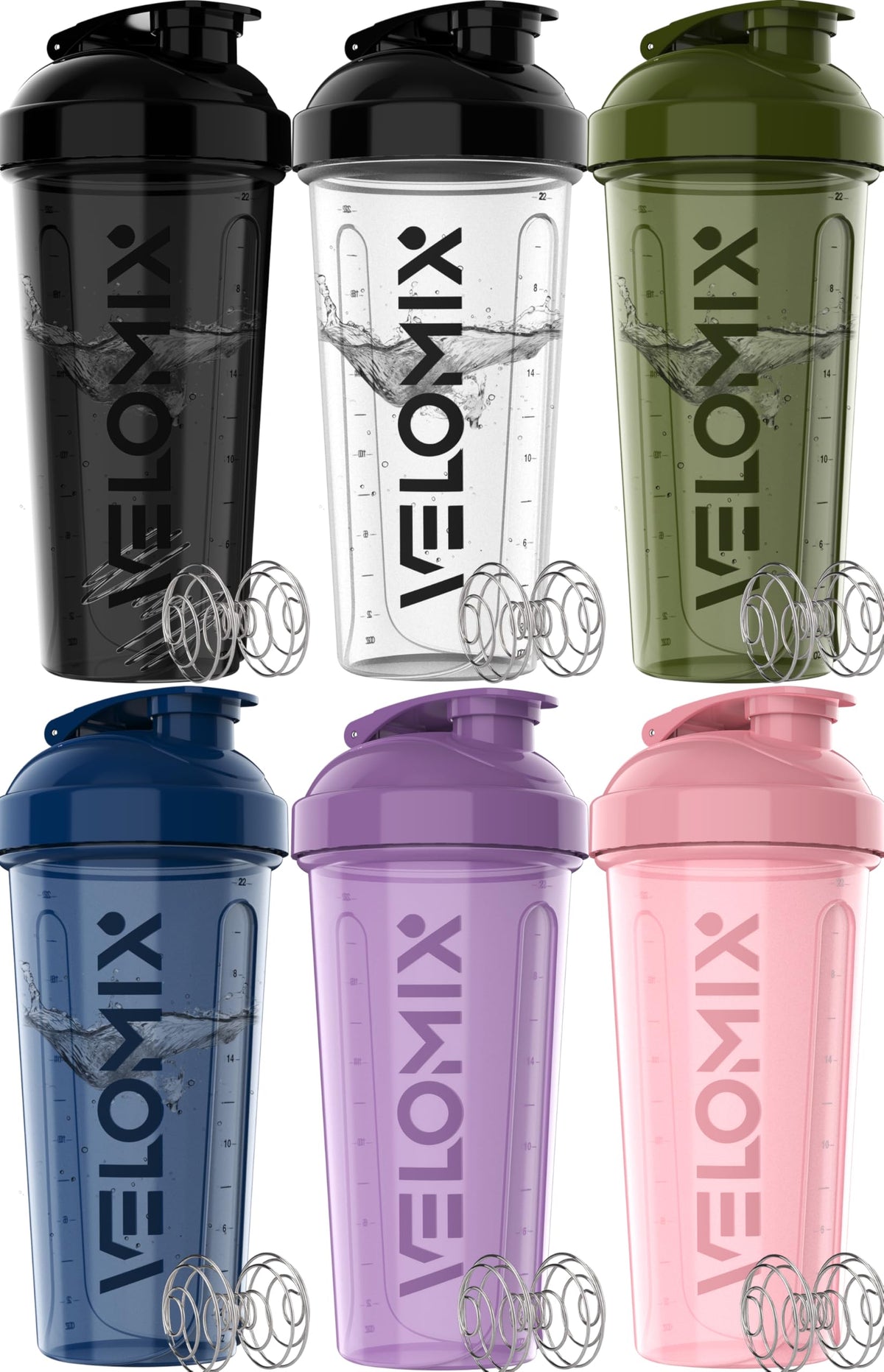 VELOMIX frontal del pack de 6 botellas mostrando capacidad y colores, ideal para organización