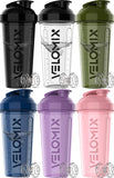 VELOMIX frontal del pack de 6 botellas mostrando capacidad y colores, ideal para organización