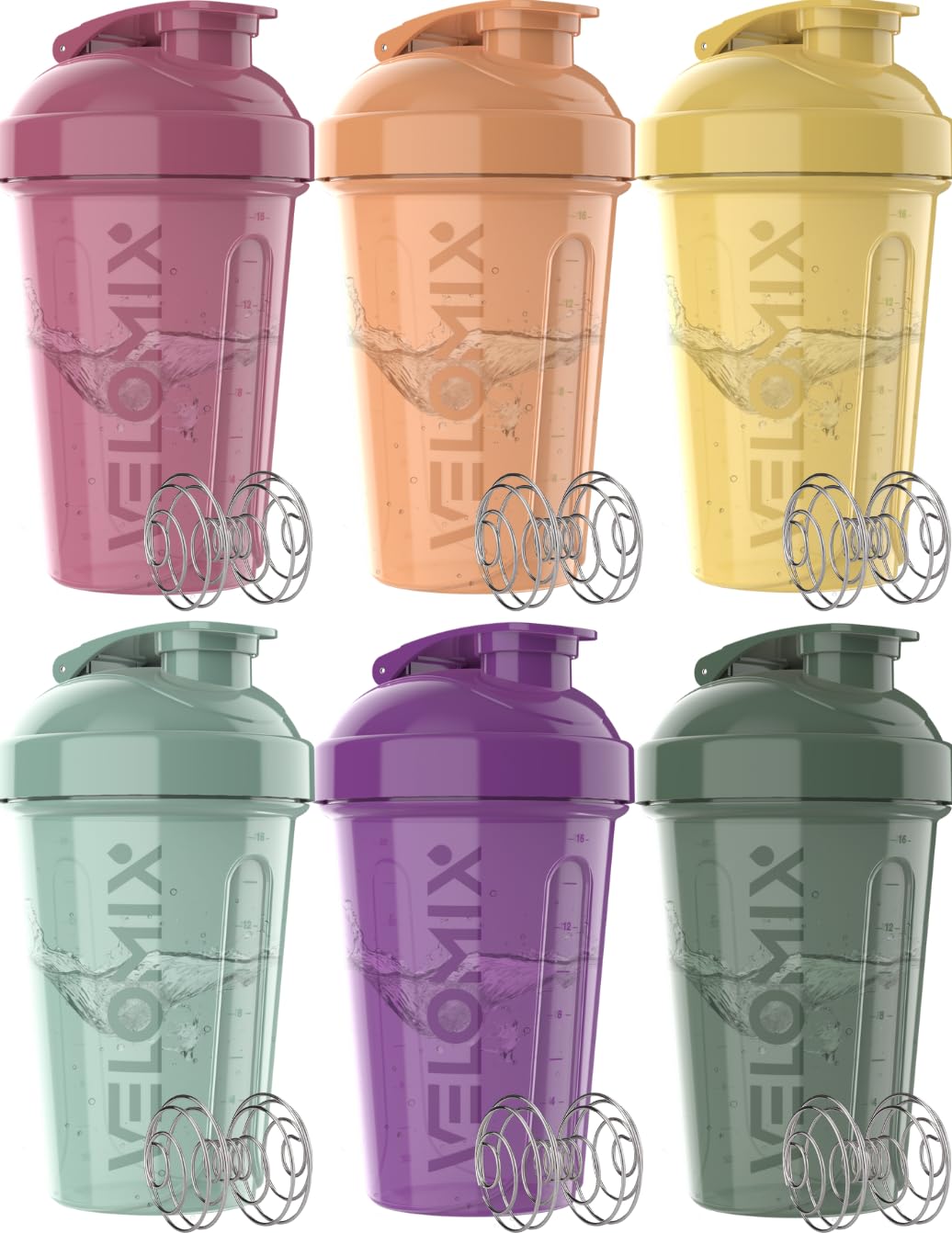 VELOMIX pack de seis vasos frontales mostrando colores naturales y apilado