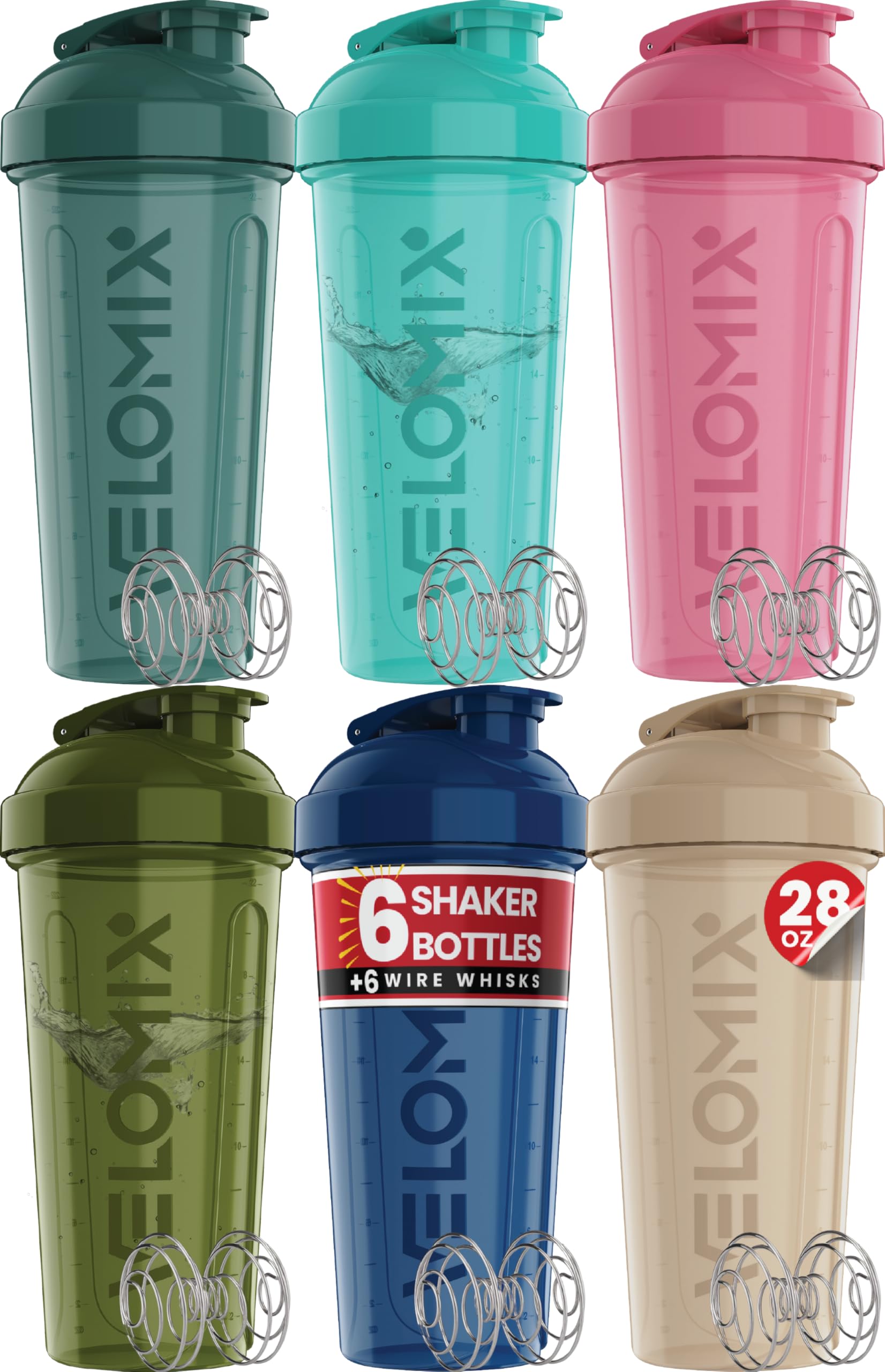 VELOMIX vista frontal del pack de 6 botellas, almacenamiento ahorrativo y colores brillantes