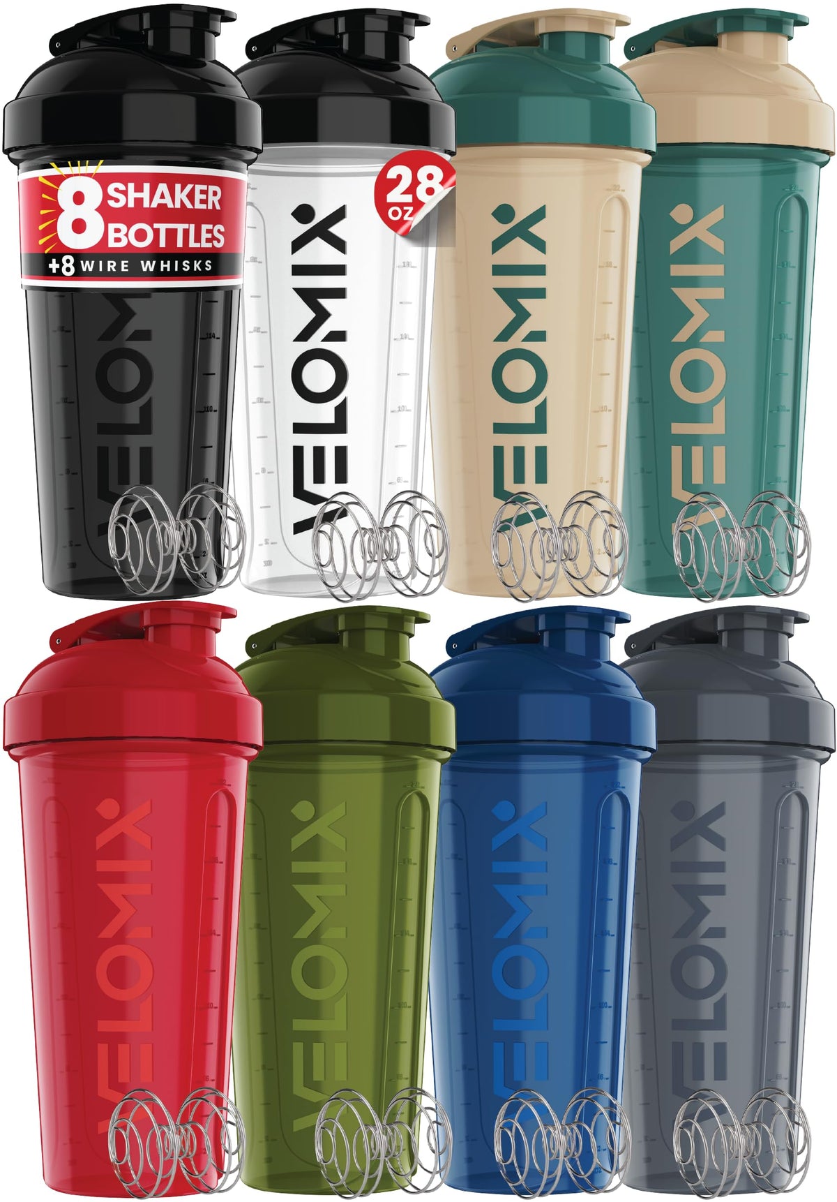 VELOMIX pack frontal de ocho botellas transparente para preparar batidos sin desorden