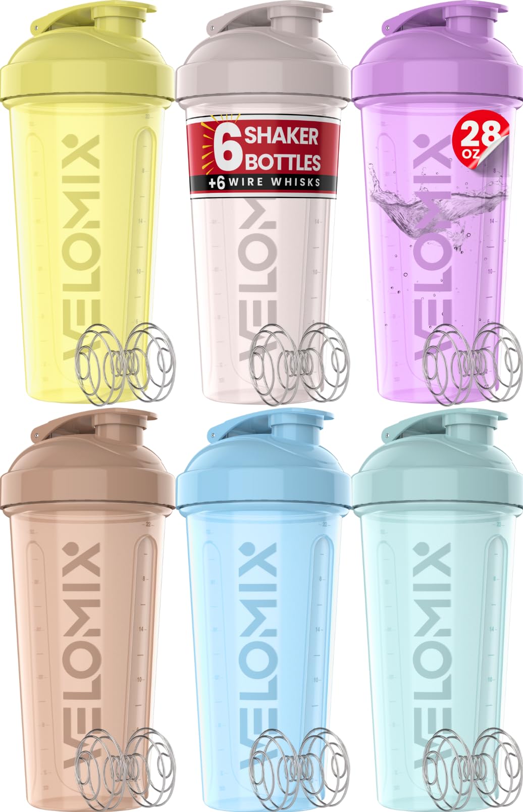 VELOMIX pack frontal mostrando seis botellas pastel y beneficio de organización