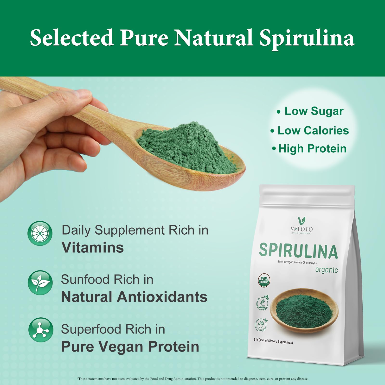 VELOTO spirulina en batido verde, aporte nutritivo rápido