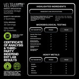 VeltraVita certificado de análisis de laboratorio para mostrar control de calidad