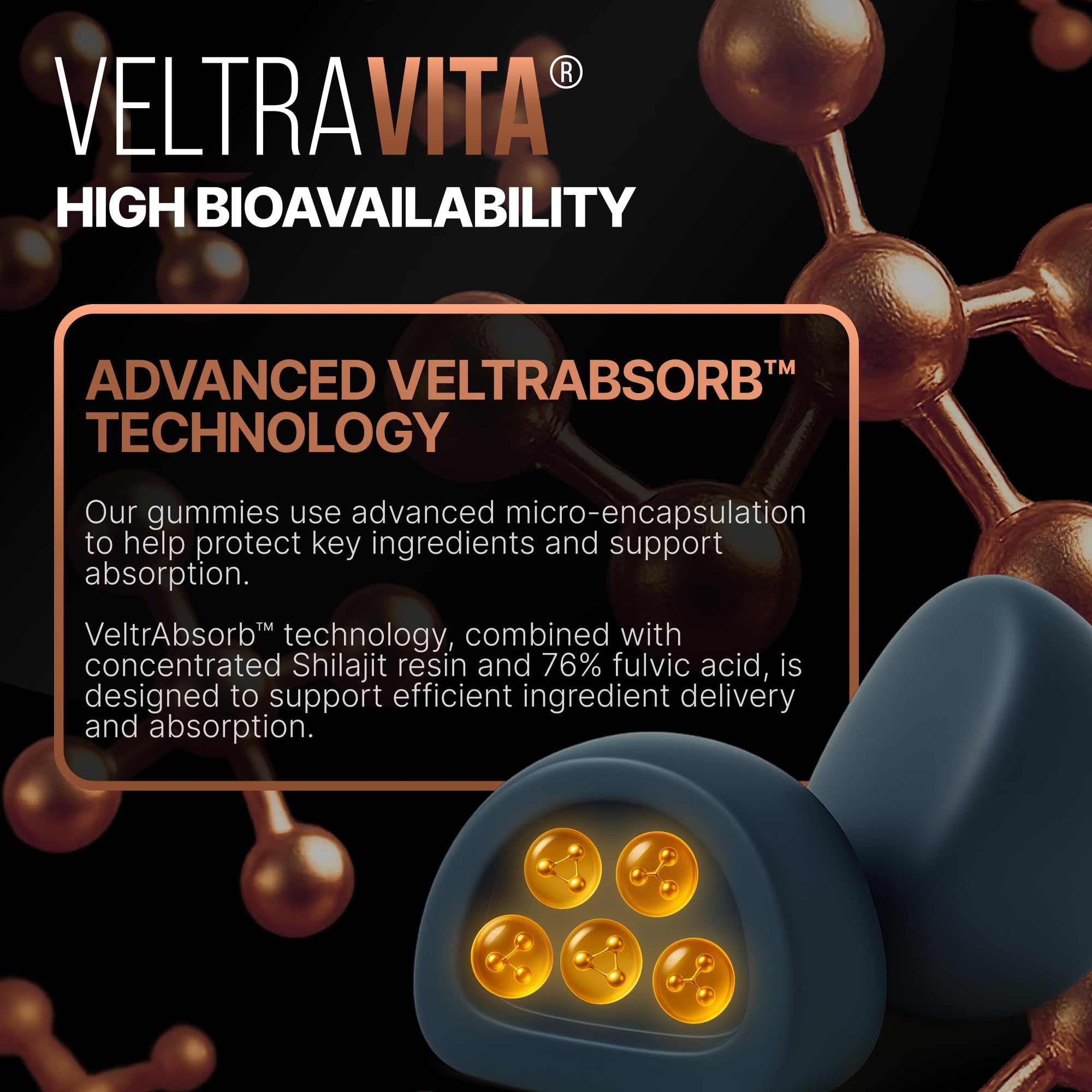 VeltraVita etiqueta nutricional legible que destaca ácido fúlvico y minerales