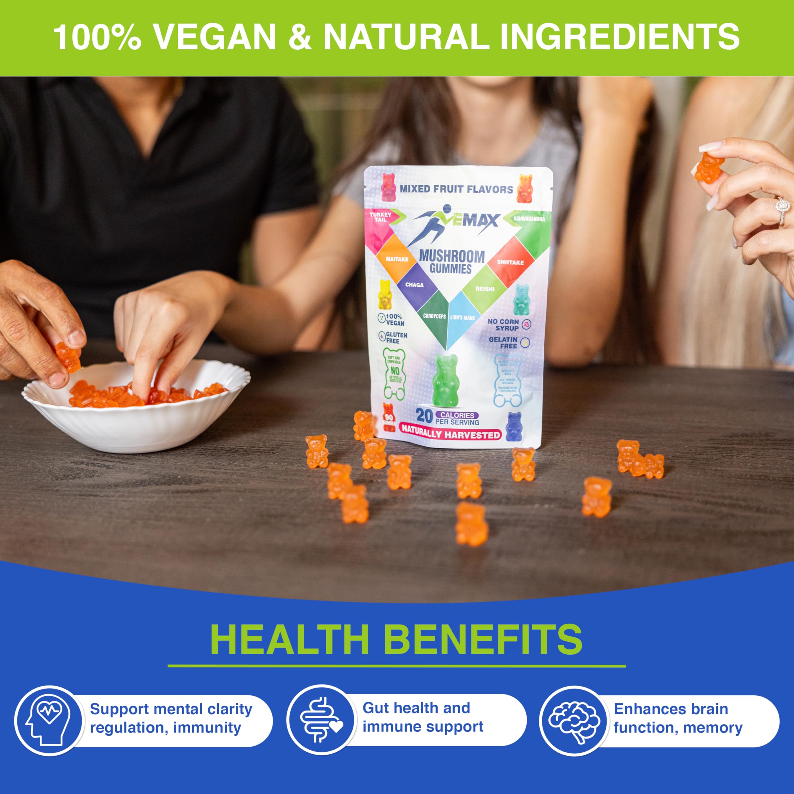 Vemax etiqueta con lista de ingredientes de hongos orgánicos y ashwagandha