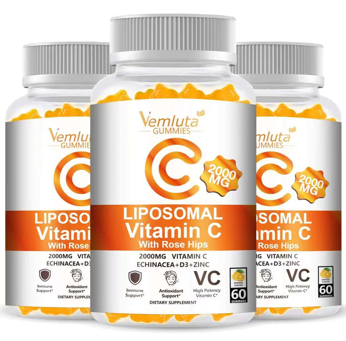 Vemluta paquete frontal mostrando 180 gomitas y beneficios clave