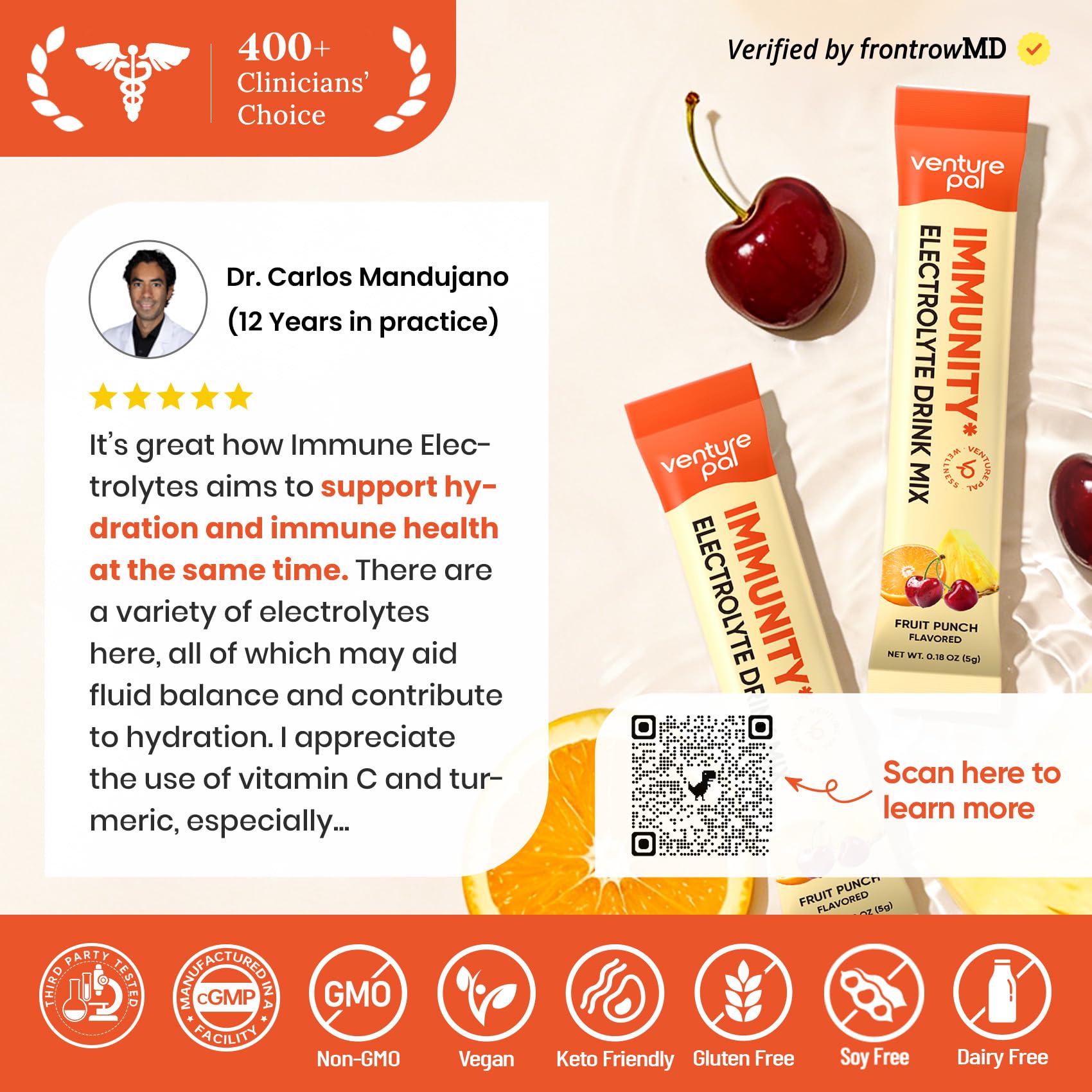 Venture Pal etiqueta información nutricional con electrolitos y vitaminas claras