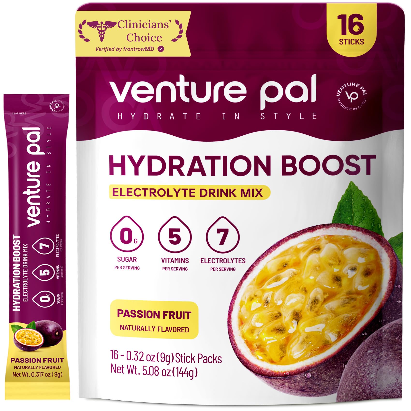 Venture Pal frente del empaque mostrando 16 sticks y beneficio de hidratación rápida