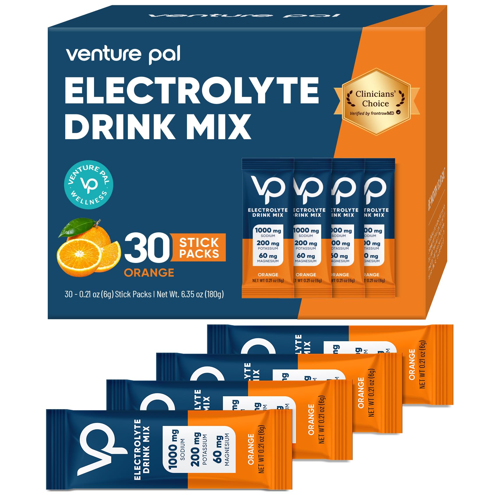 Venture Pal frente del empaque mostrando 30 sobres, hidratación portátil