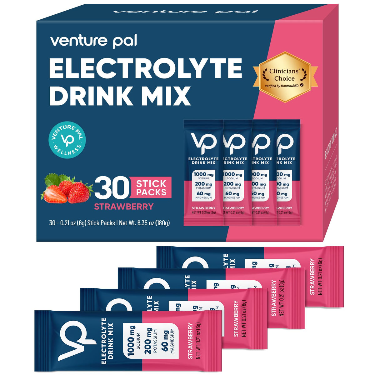 Venture Pal frente del empaque mostrando 30 sobres y conveniencia