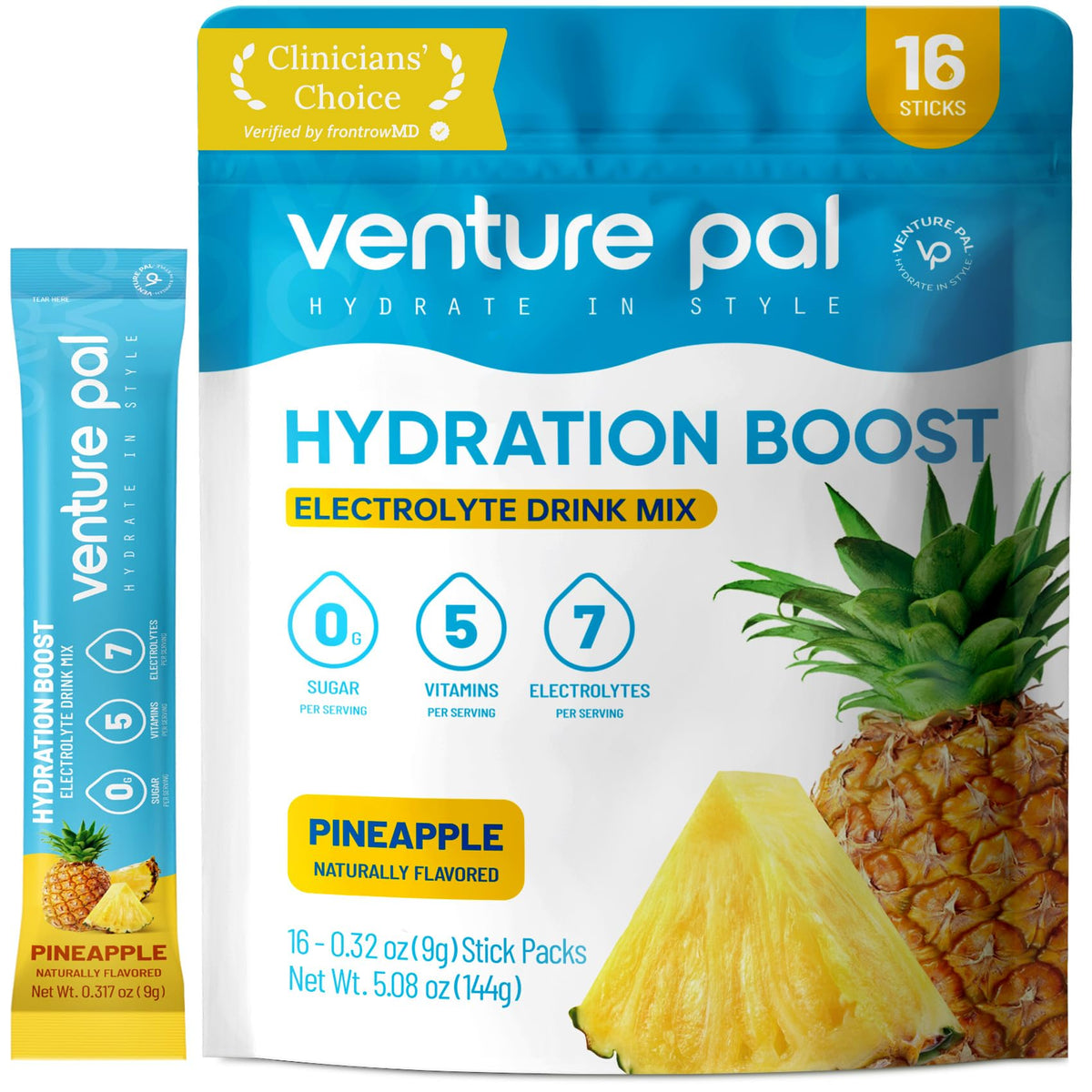 Venture Pal paquete frontal mostrando 16 sobres y beneficio de hidratación rápida