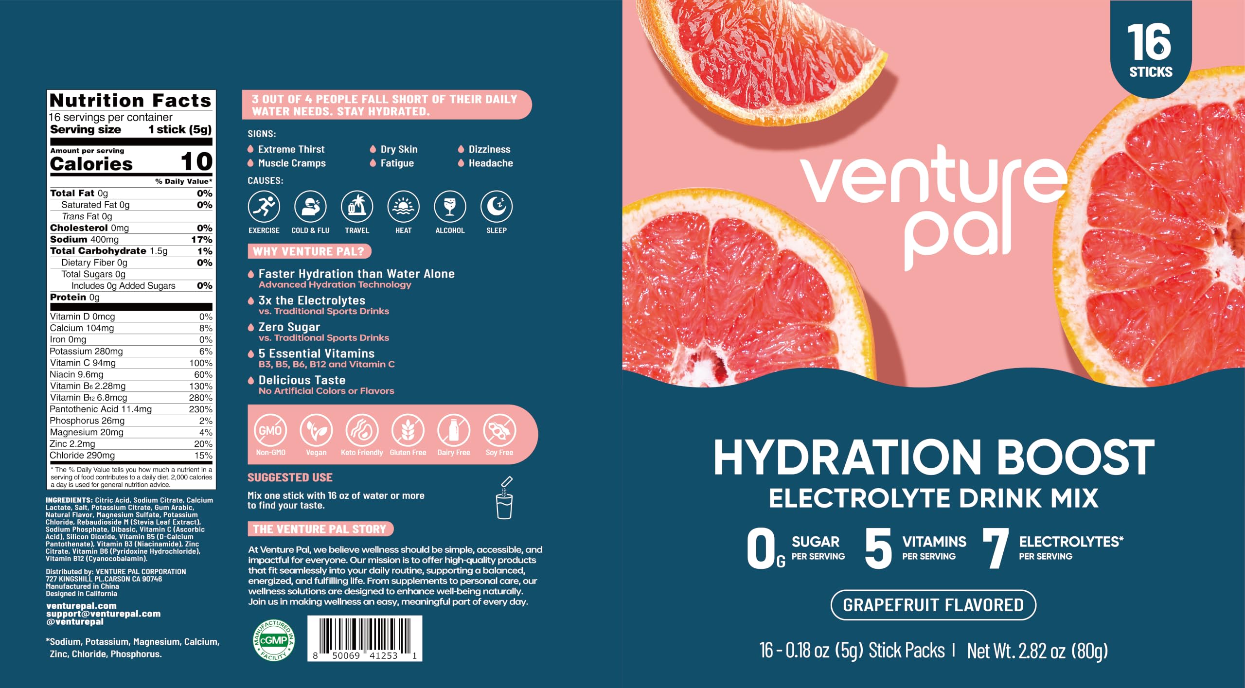 Venture Pal varios sobres del paquete mostrando variedad de sabores