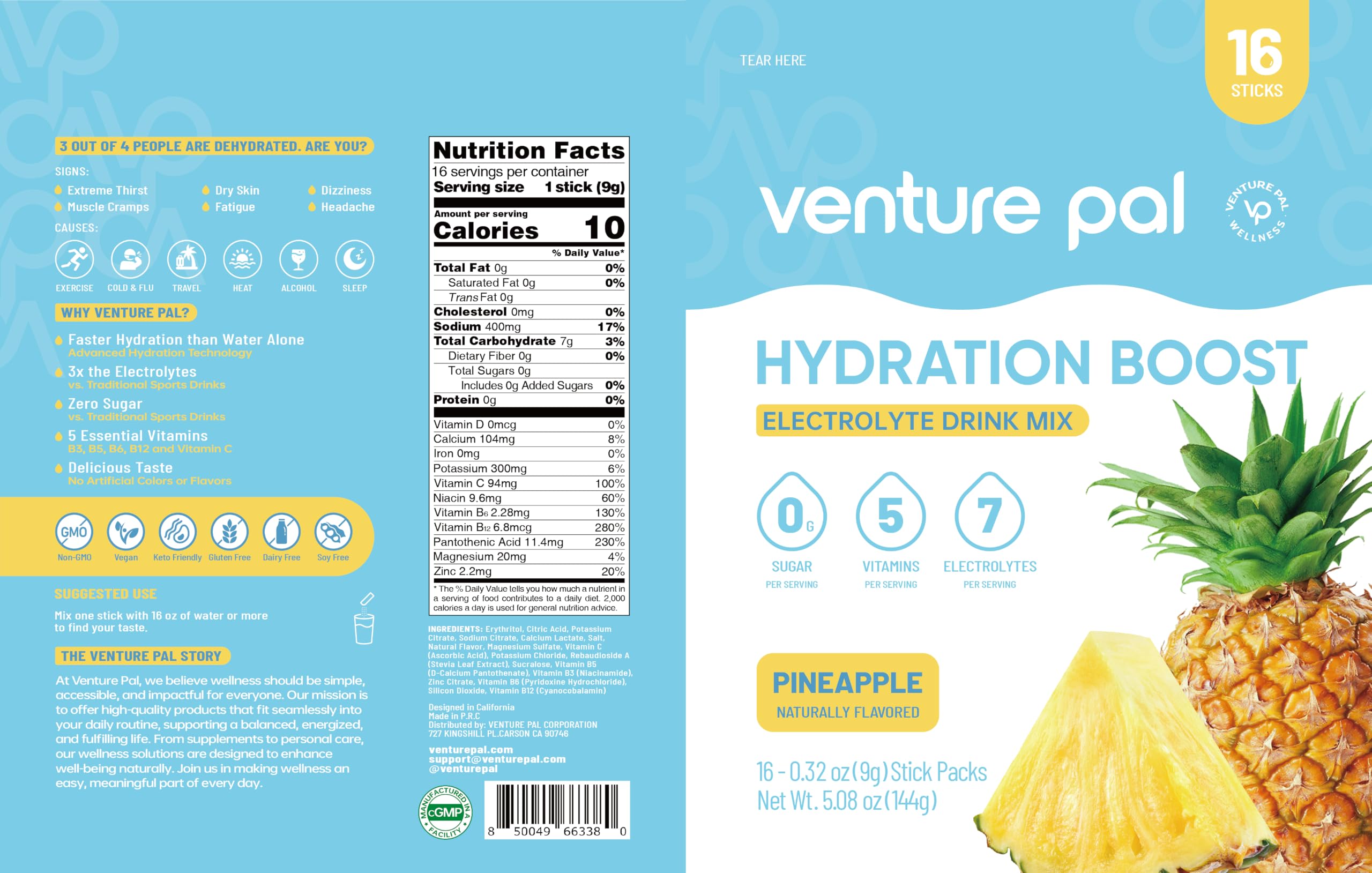 Venture Pal detalle del producto enfatizando fórmula sin colorantes ni azúcares