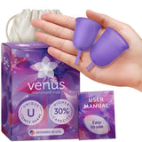 VENUS vista frontal del empaque kit con dos copas y beneficios prácticos
