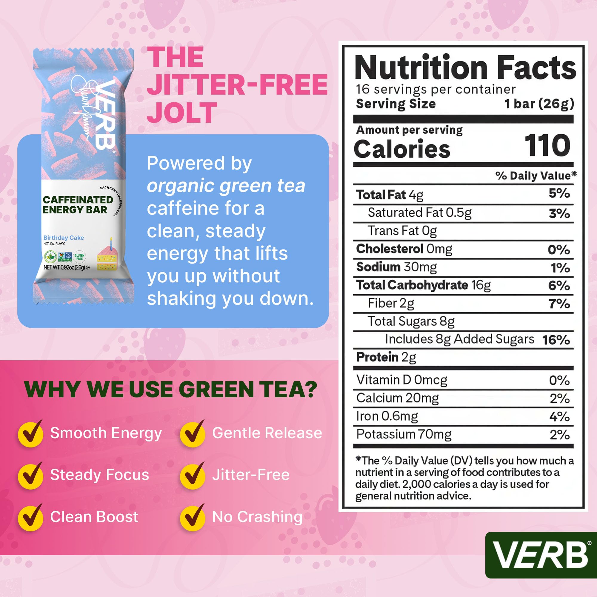 Verb Caffeinated Energy Bar barrita en mano mostrando tamaño portátil práctico