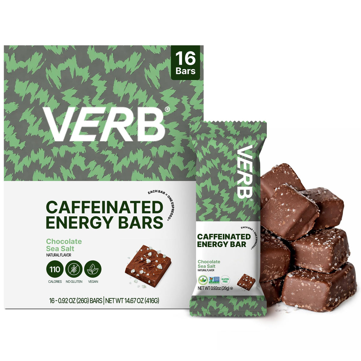 Verb Caffeinated Energy Bar frente del empaque mostrando diseño y beneficio portable