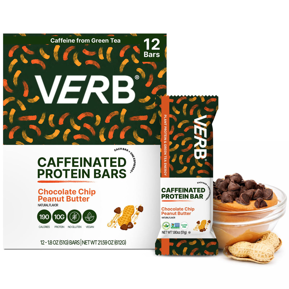 Verb Caffeinated Energy Bar frente del empaque mostrando variedad y conveniencia