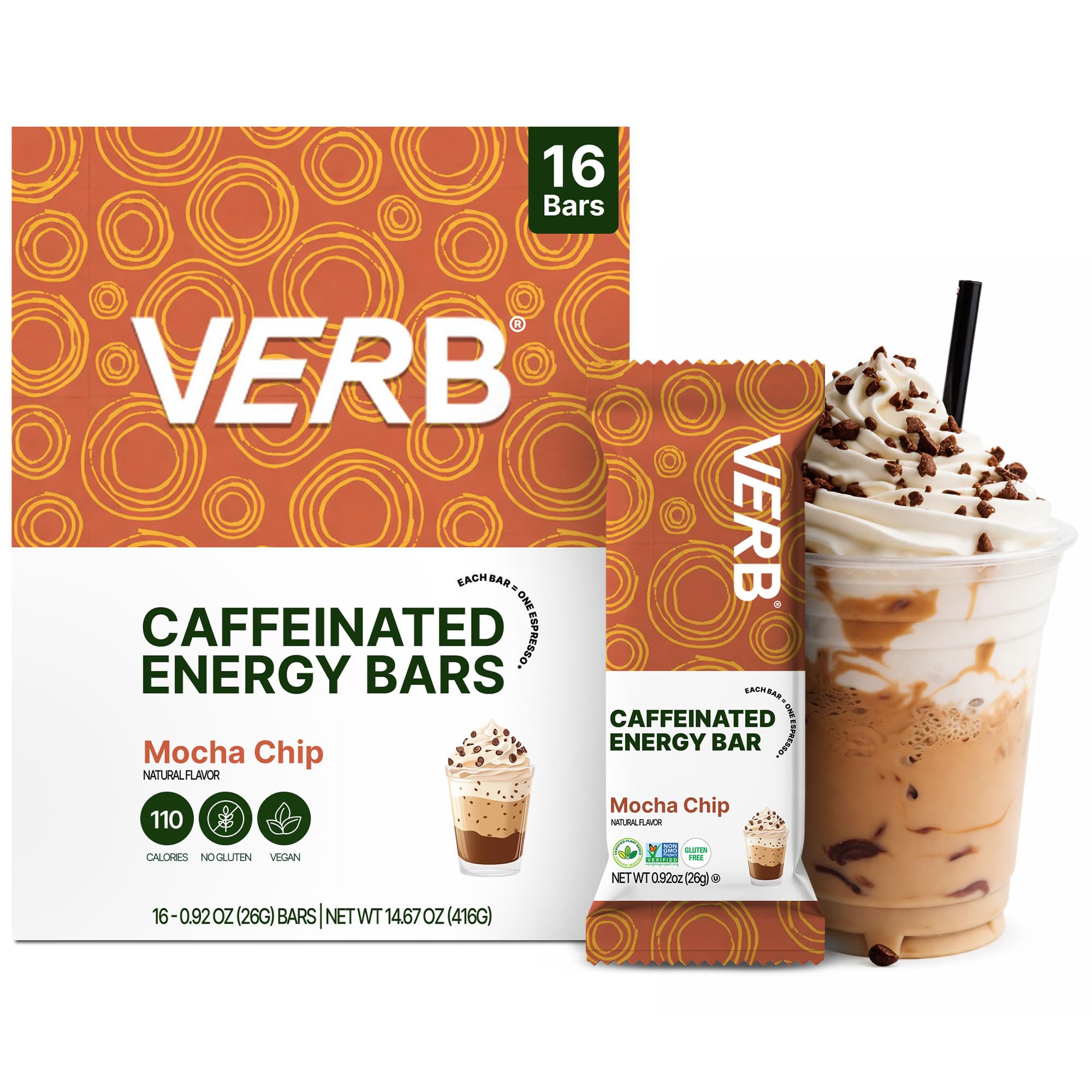 Verb Caffeinated Energy Bar Mocha Chip empaque frontal, conveniente para llevar