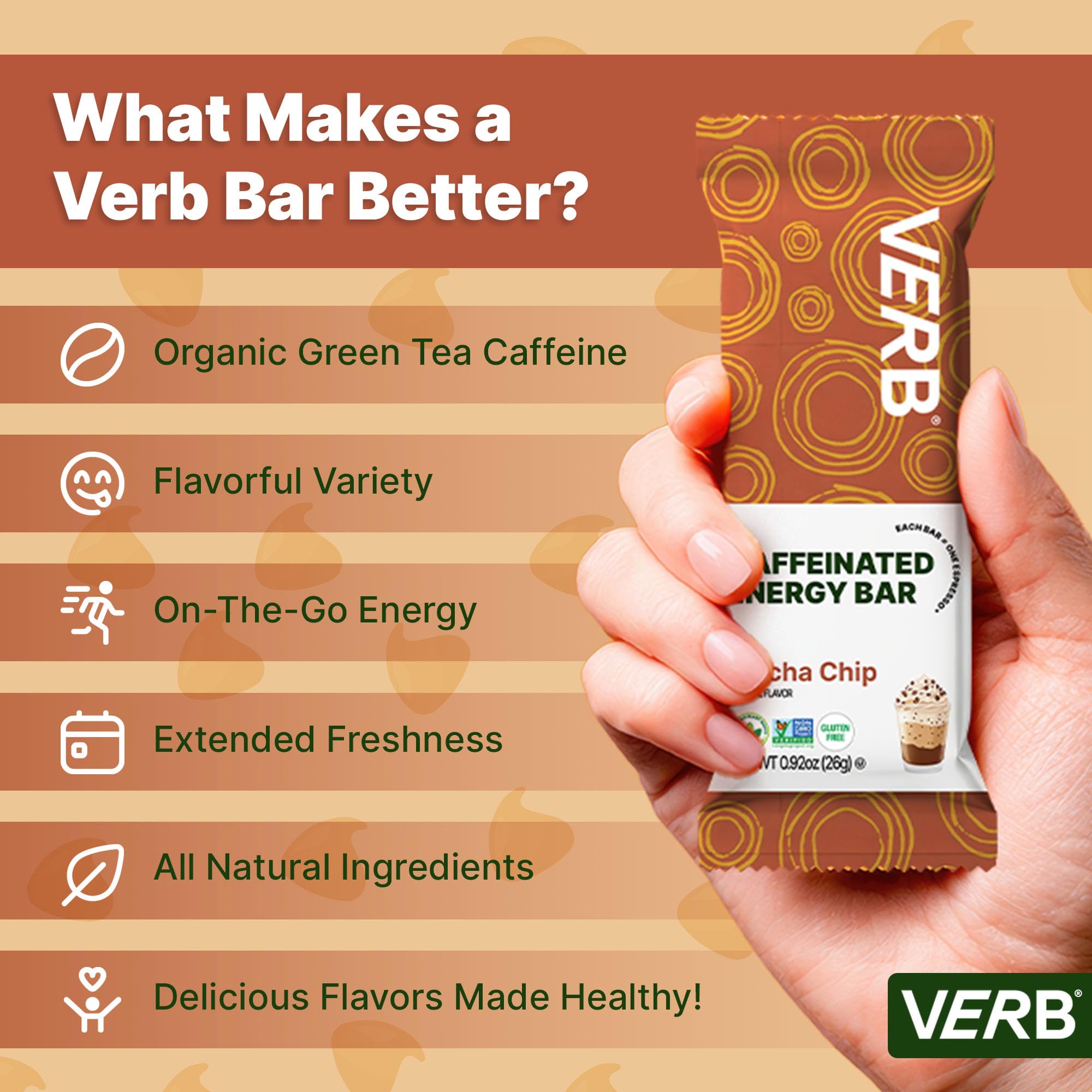 Barra Verb Mocha Chip en mochila urbana, snack portátil para días activos