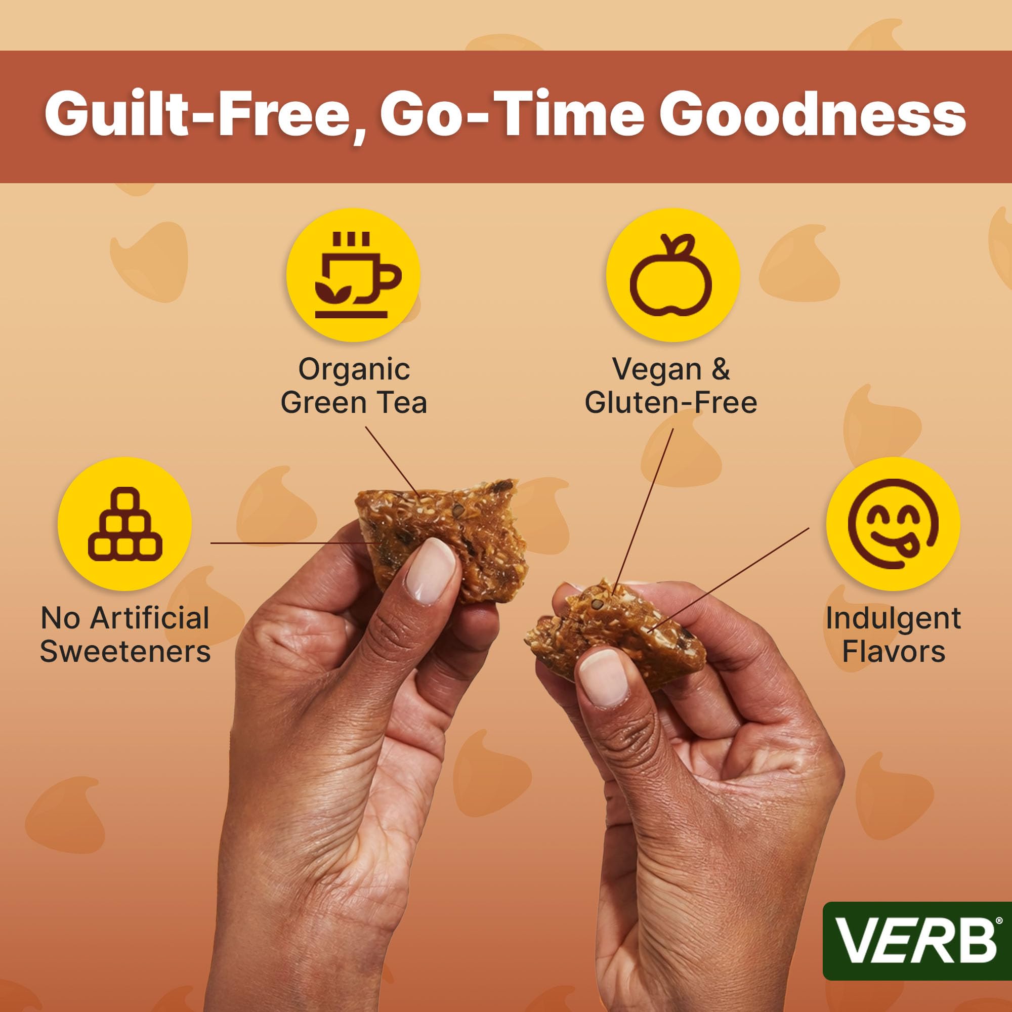 Comparación de tamaño Verb Mocha Chip junto a una mano para referencia de porción