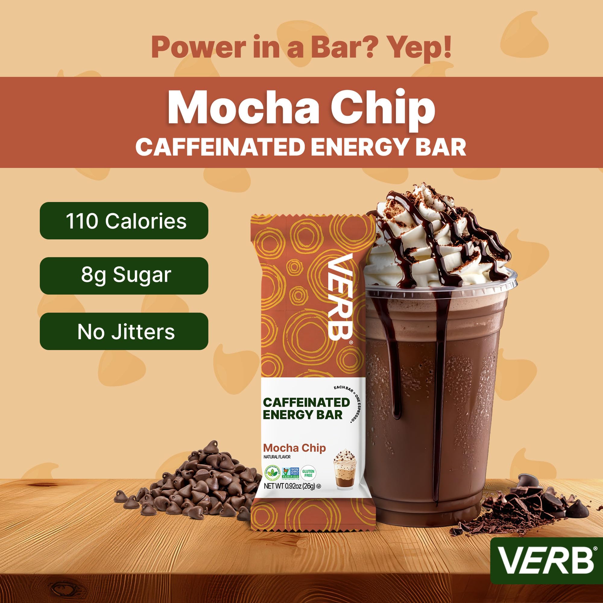 Textura de la barra Verb Mocha Chip mostrando chips de chocolate y grano crujiente