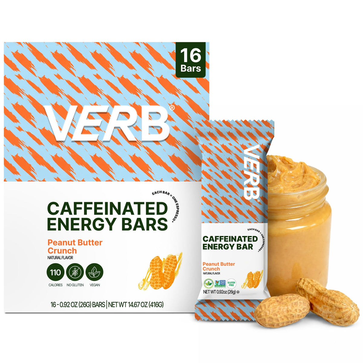 Verb Caffeinated Energy Bar frente del empaque mostrando sabor Peanut Butter Cookie y conveniencia