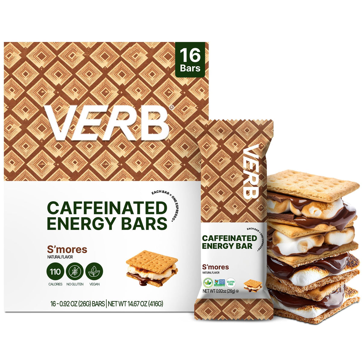 Verb muestra frontal del empaque S'mores y conveniencia para llevar