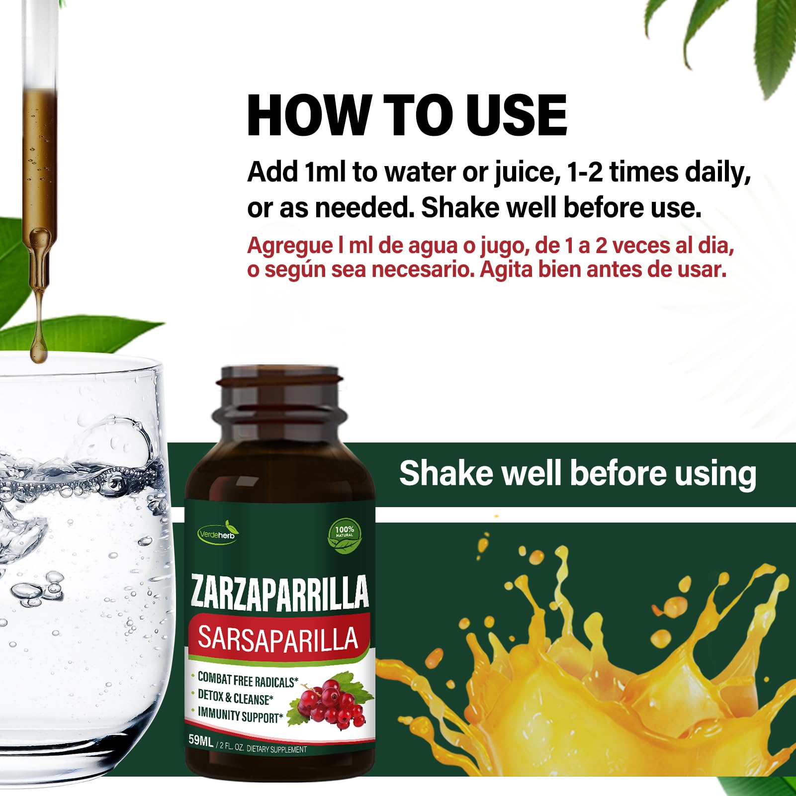 Verdeherb mezcla de gotas en un vaso de agua para consumo rápido
