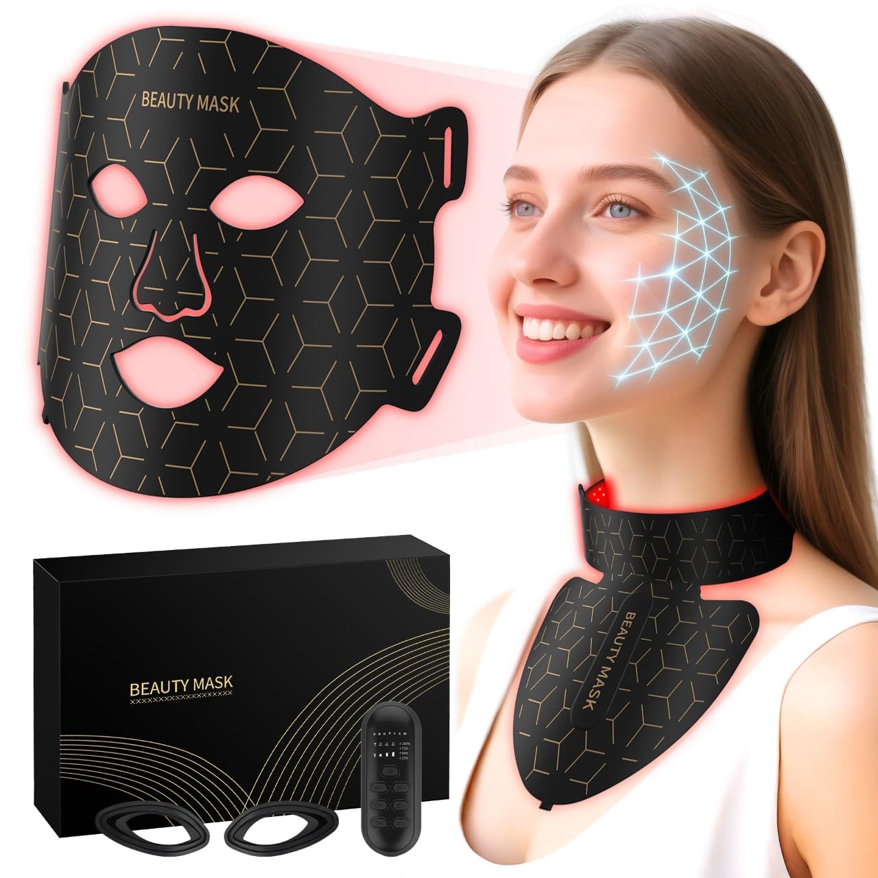 Verfubo mascarilla frontal mostrando LEDs para tratamiento facial y cuello con ajuste cómodo