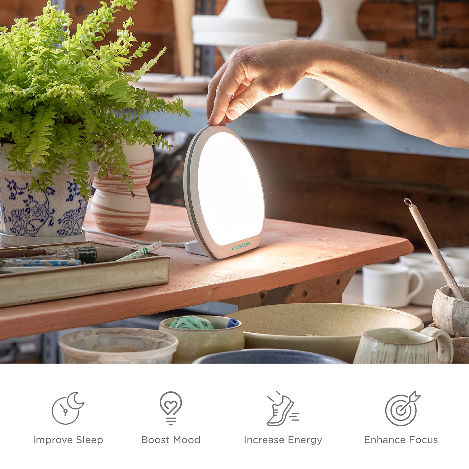 Verilux HappyLight Alba controles y botones para brillo, tono y temporizador fácil