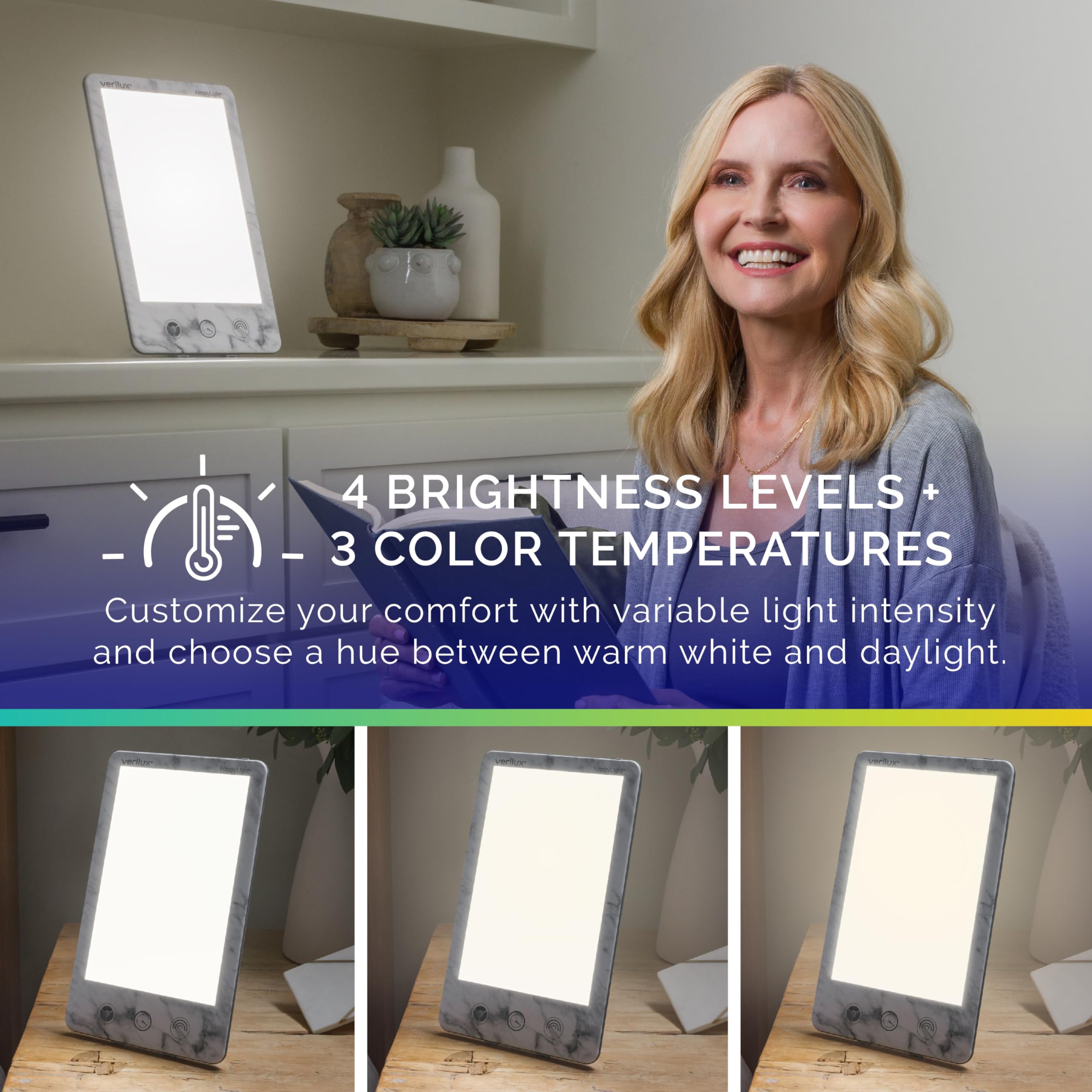 Verilux HappyLight Luxe en escritorio durante la mañana para aumentar enfoque y energía