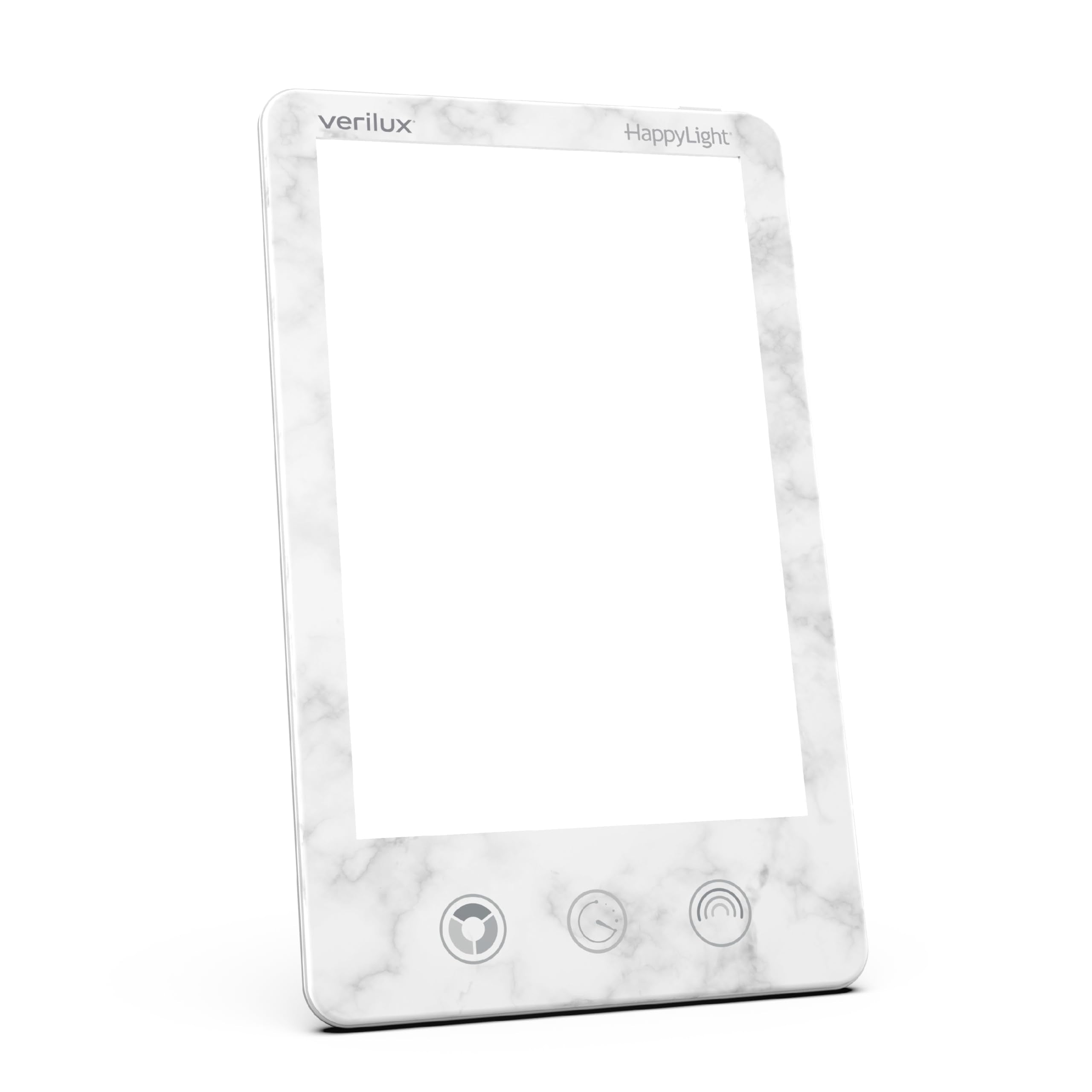 Verilux HappyLight Luxe vista frontal en blanco mármol con diseño elegante y beneficios estéticos