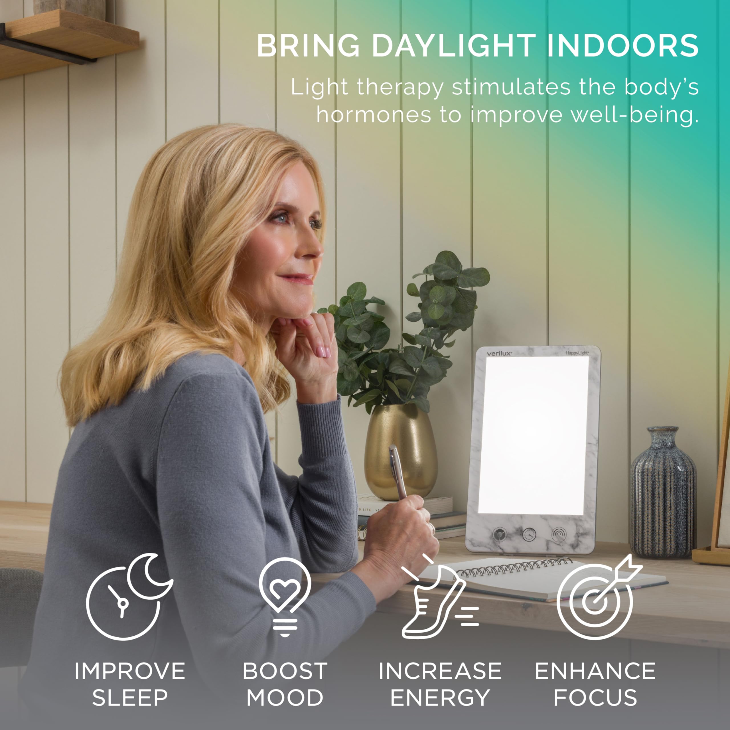 Verilux HappyLight Luxe primer plano del panel LED mostrando luz uniforme sin parpadeo