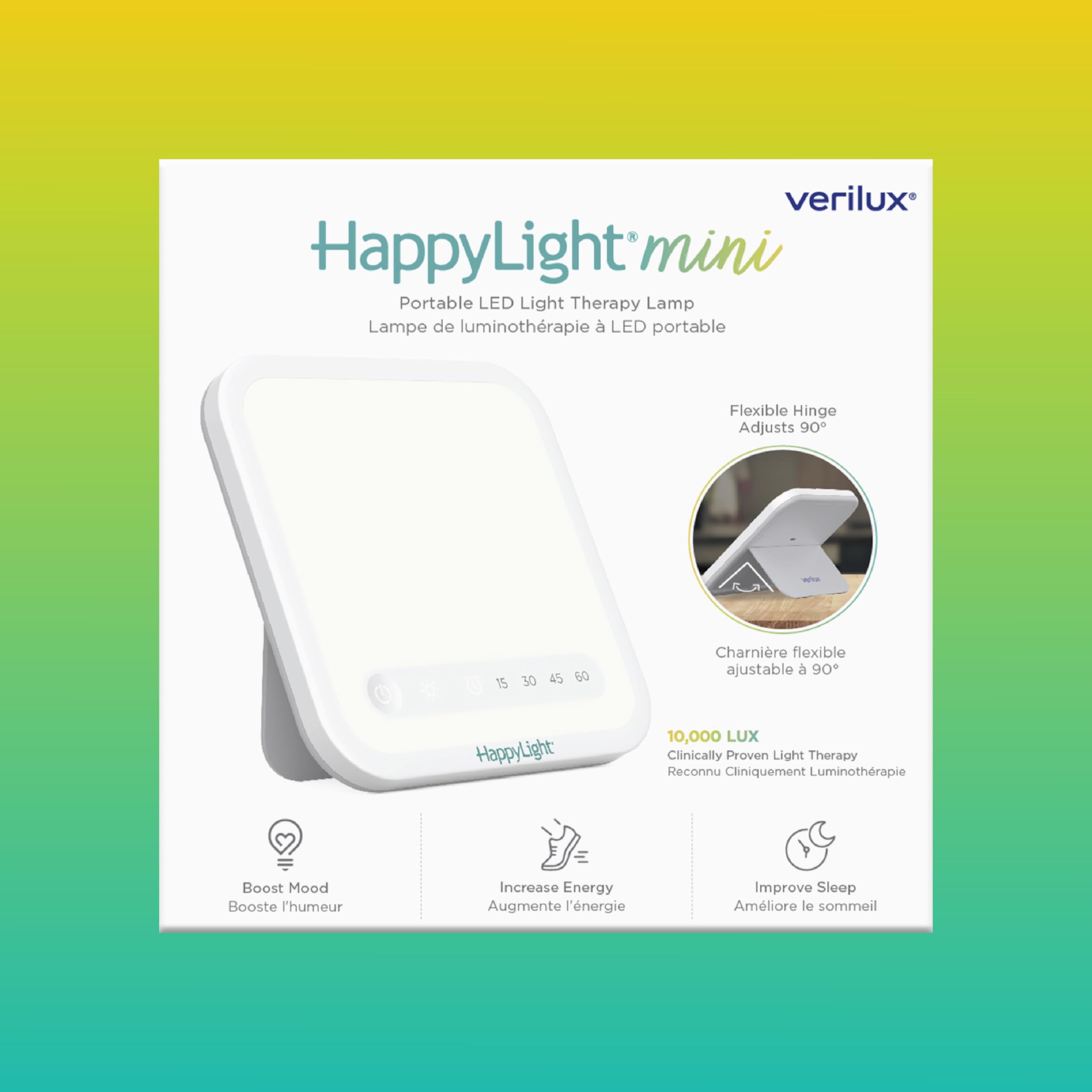 Verilux HappyLight Mini dentro de maleta destacando portabilidad y uso en viaje