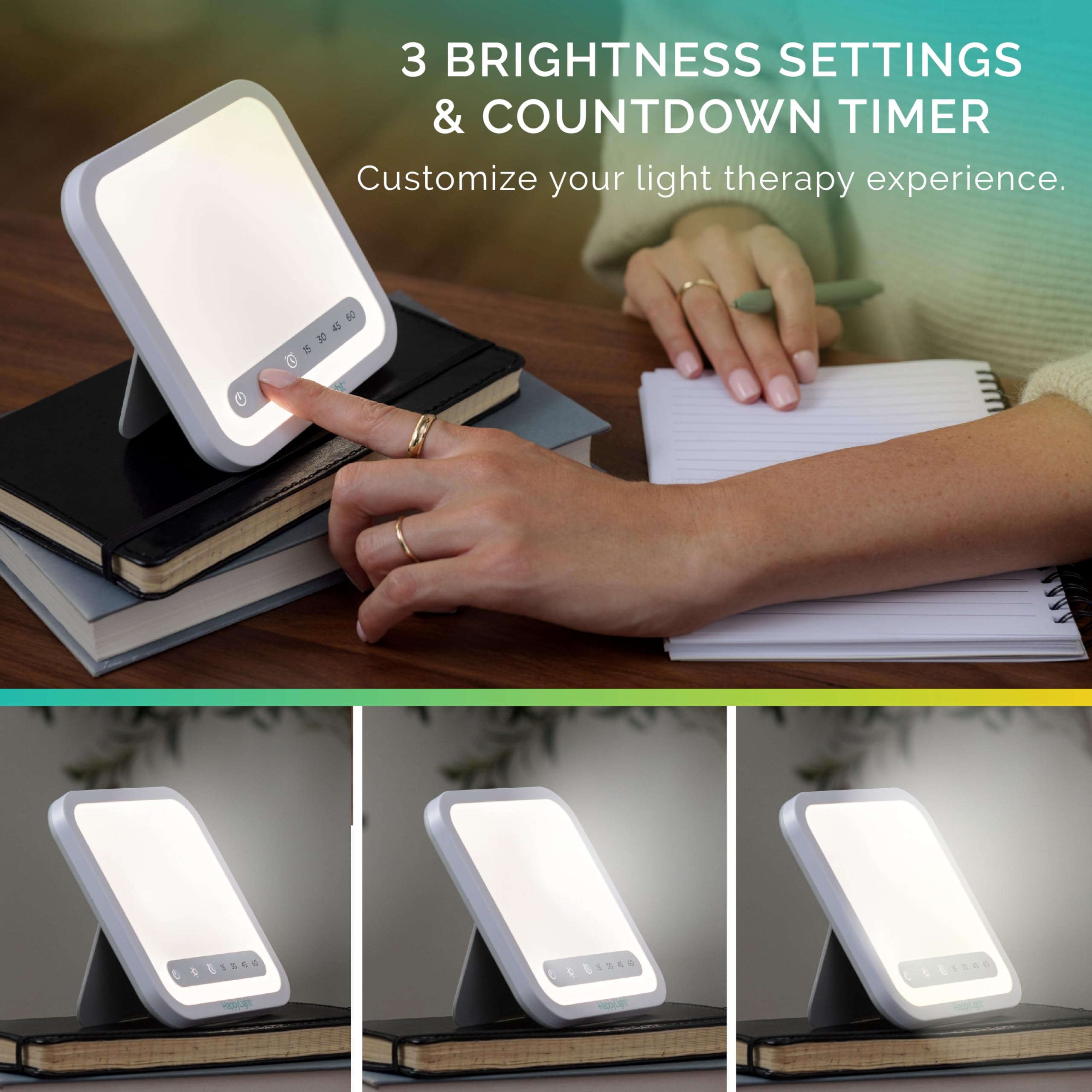 Verilux HappyLight Mini en uso sobre escritorio mejorando concentración y ánimo