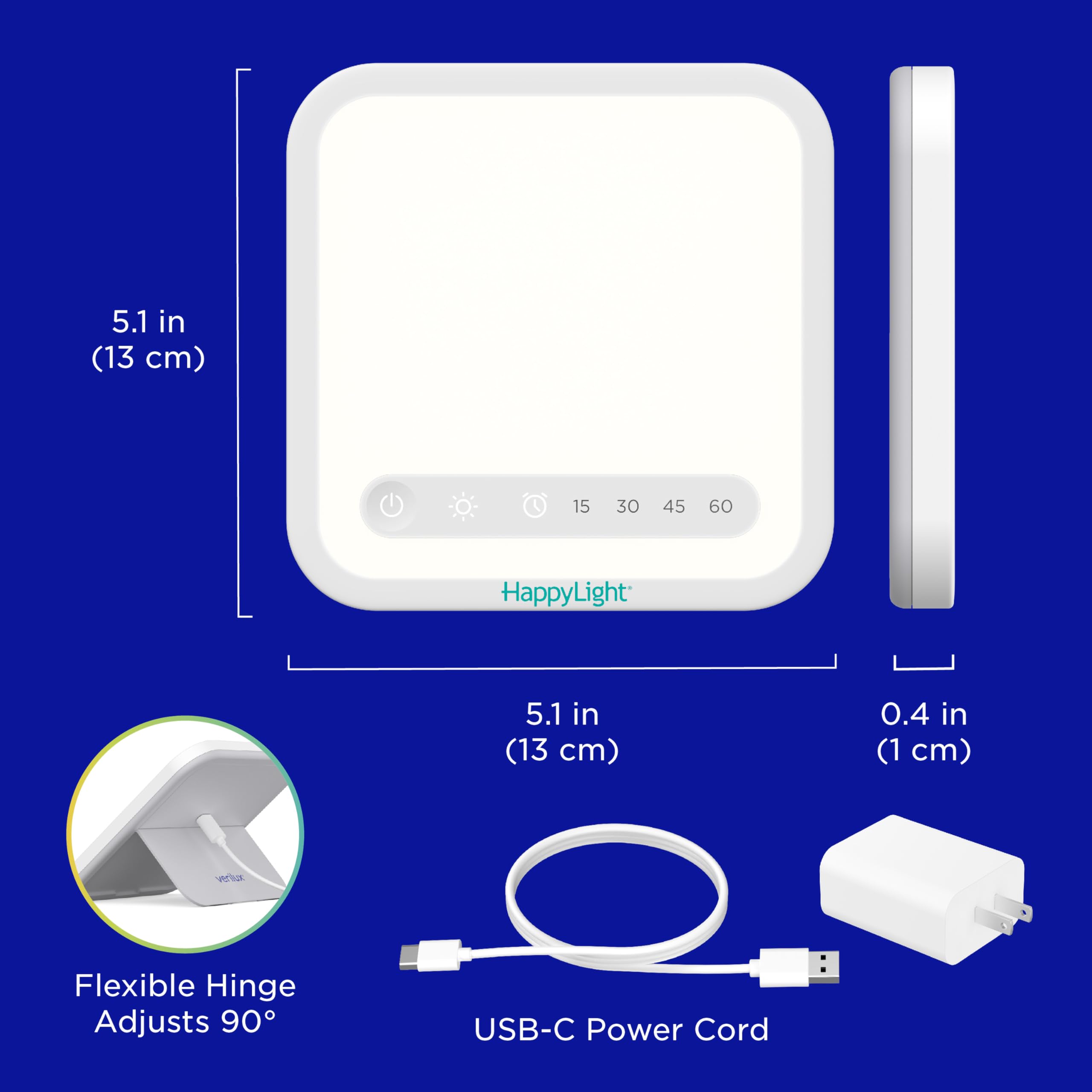 Verilux HappyLight Mini junto a teléfono para comparar tamaño y facilidad de viaje