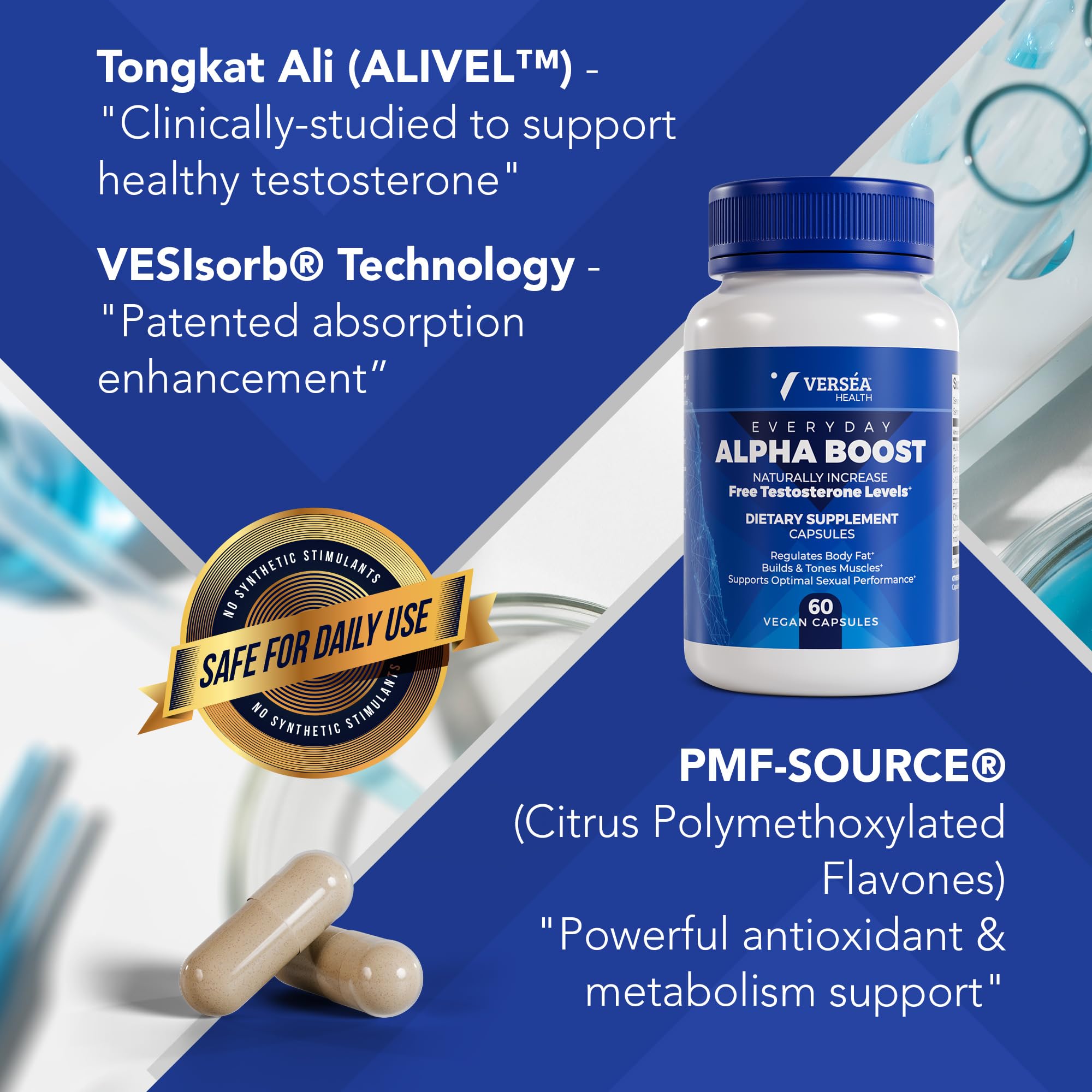 Verséa Alpha Boost etiqueta con lista de ingredientes patentados y tecnología VESIsorb®