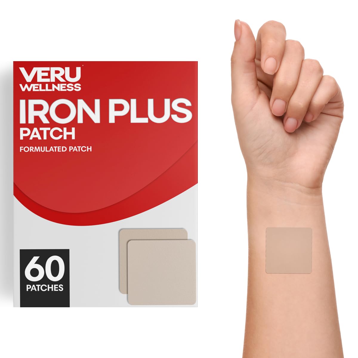 Veru Wellness parche frontal mostrando el envase y beneficio de suministro diario