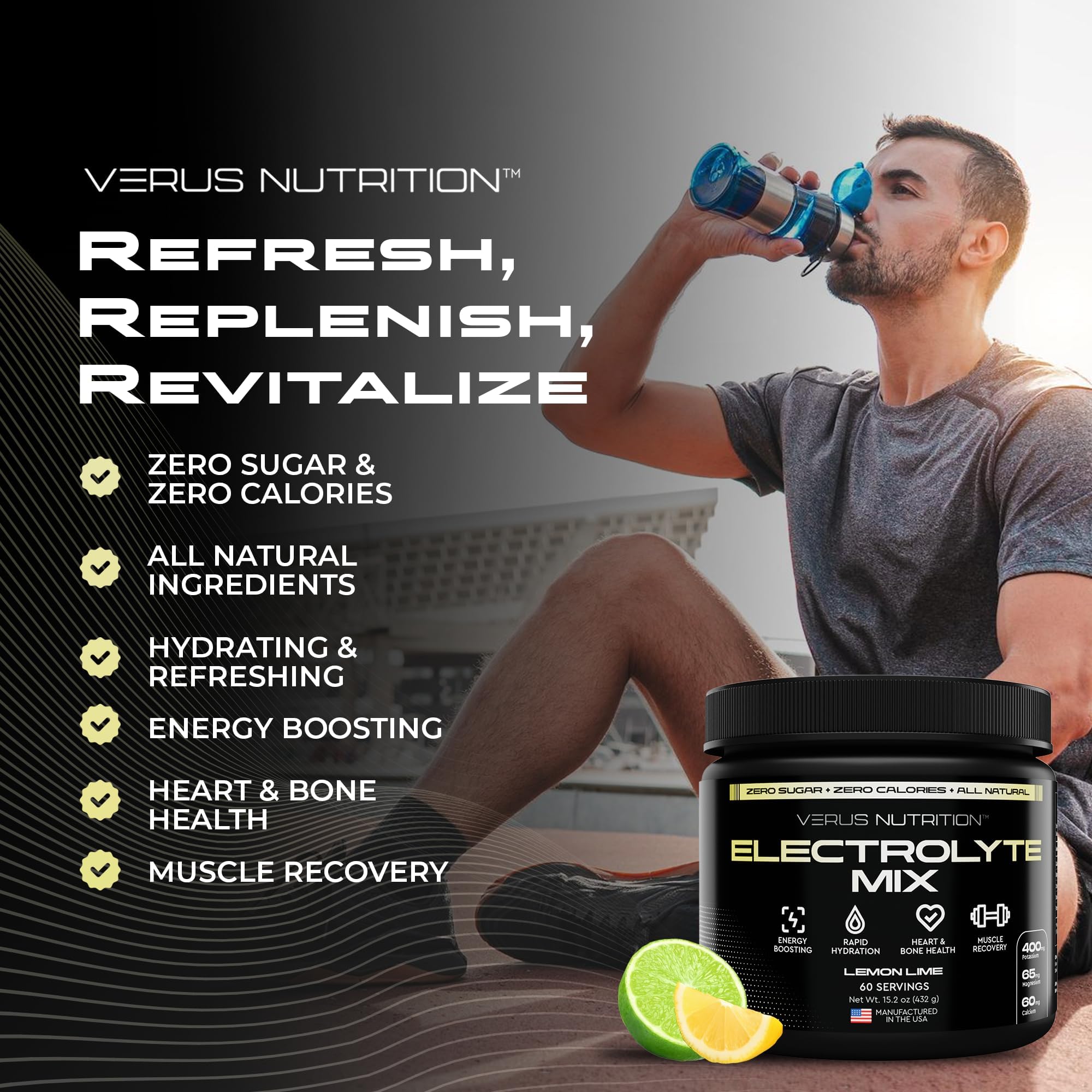 VERUS NUTRITION envase dentro de un bolso de gimnasio, ideal para estilo de vida activo